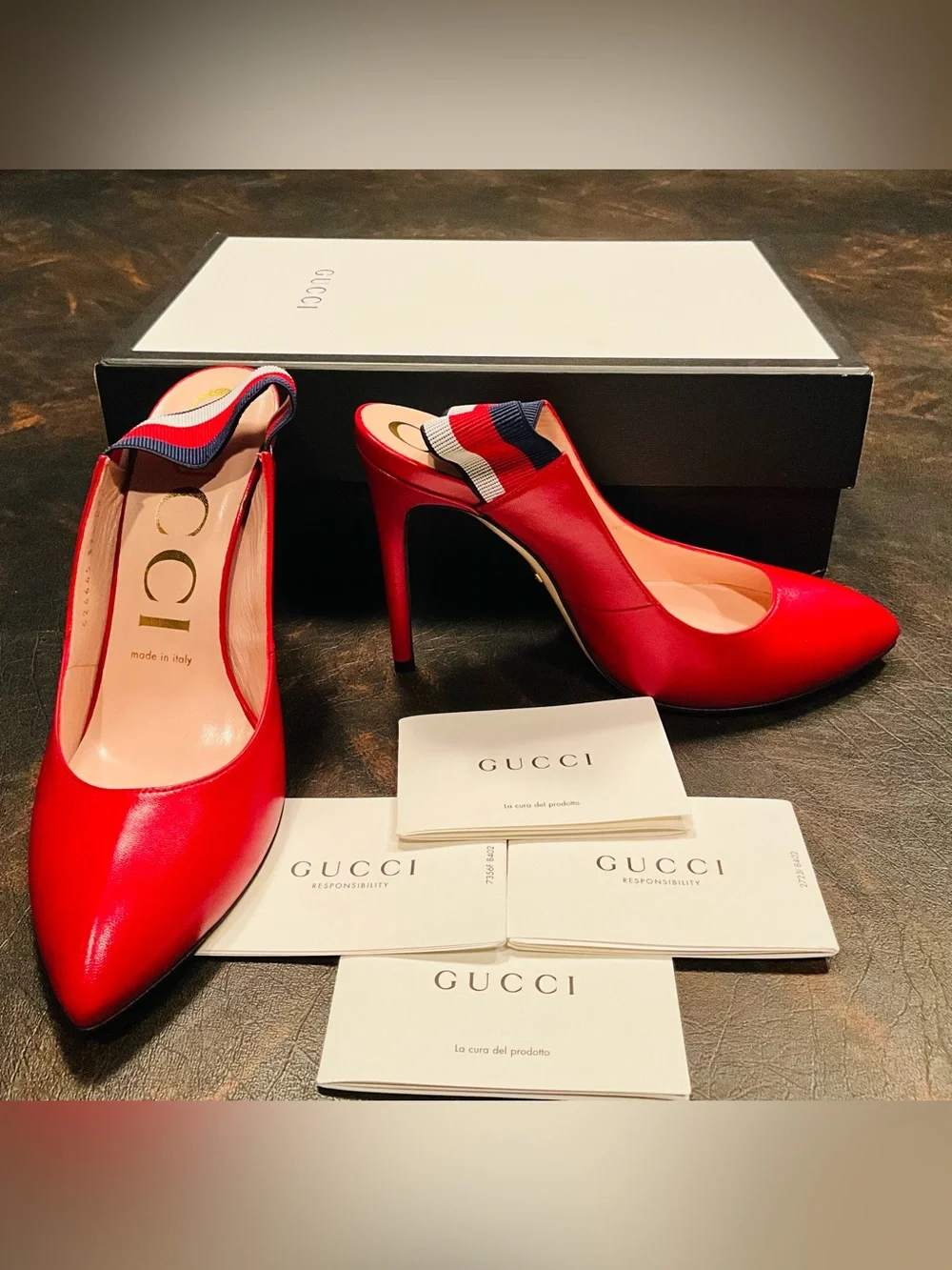 Gucci Red Leather Pointed Slingback Pumps with Striped Strap